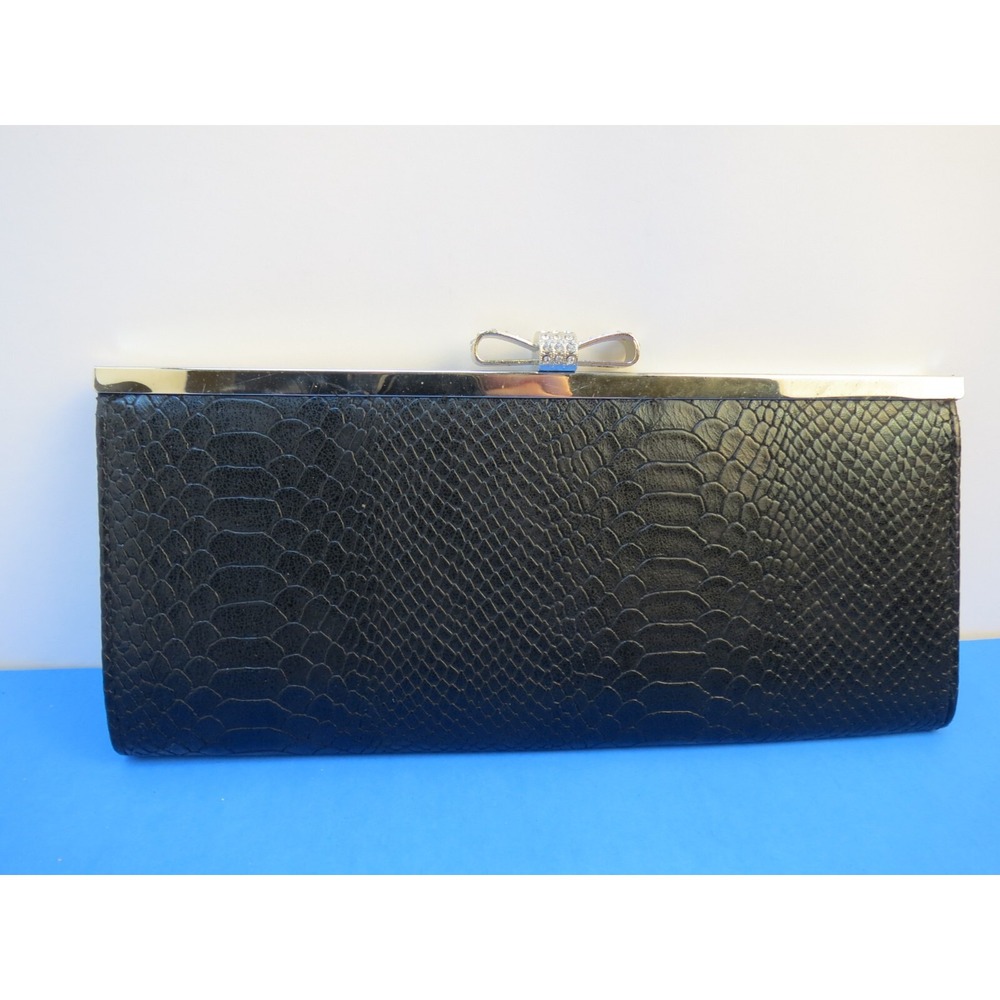 INC International Concepts Black Faux Leather Rhinestone Bow Clutch Wallet Purse